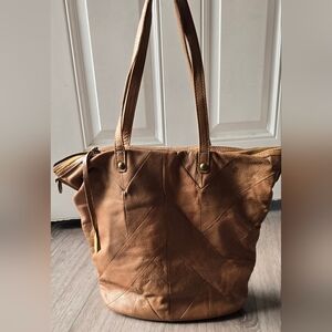 Lucky Brand Bag Patchwork Leather Tan Bag With Tassles Boho Hippie Preppy